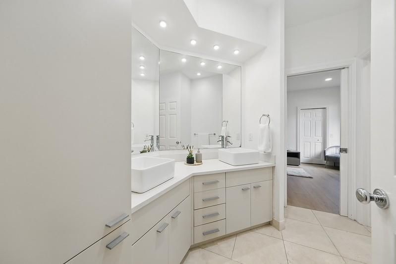 Bathroom, Dual Sink Vanities, Interior, Recessed Lighting, Wood Texture Flooring
