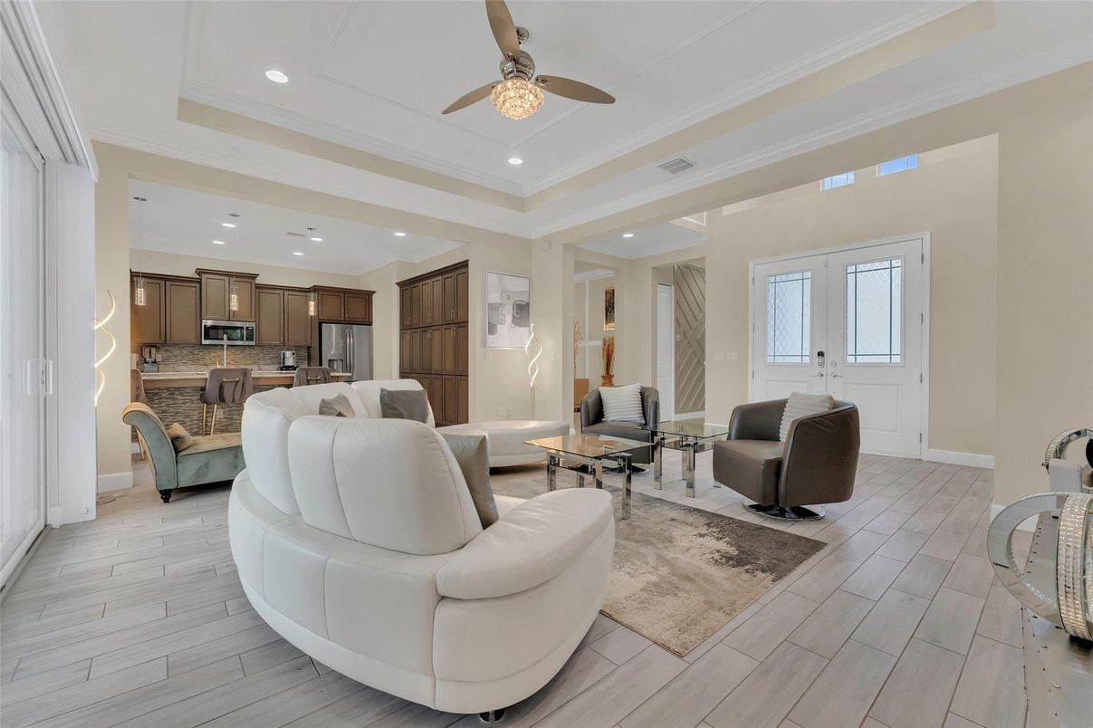 Interior, Kitchen, Living room, Recessed Lighting, Stainless Steel Appliances, Wood Texture Flooring