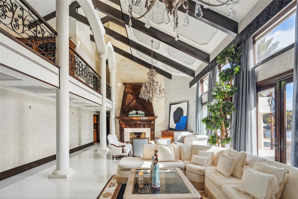 Chandelier, Fireplace, Interior, Living room, Wooden Beams