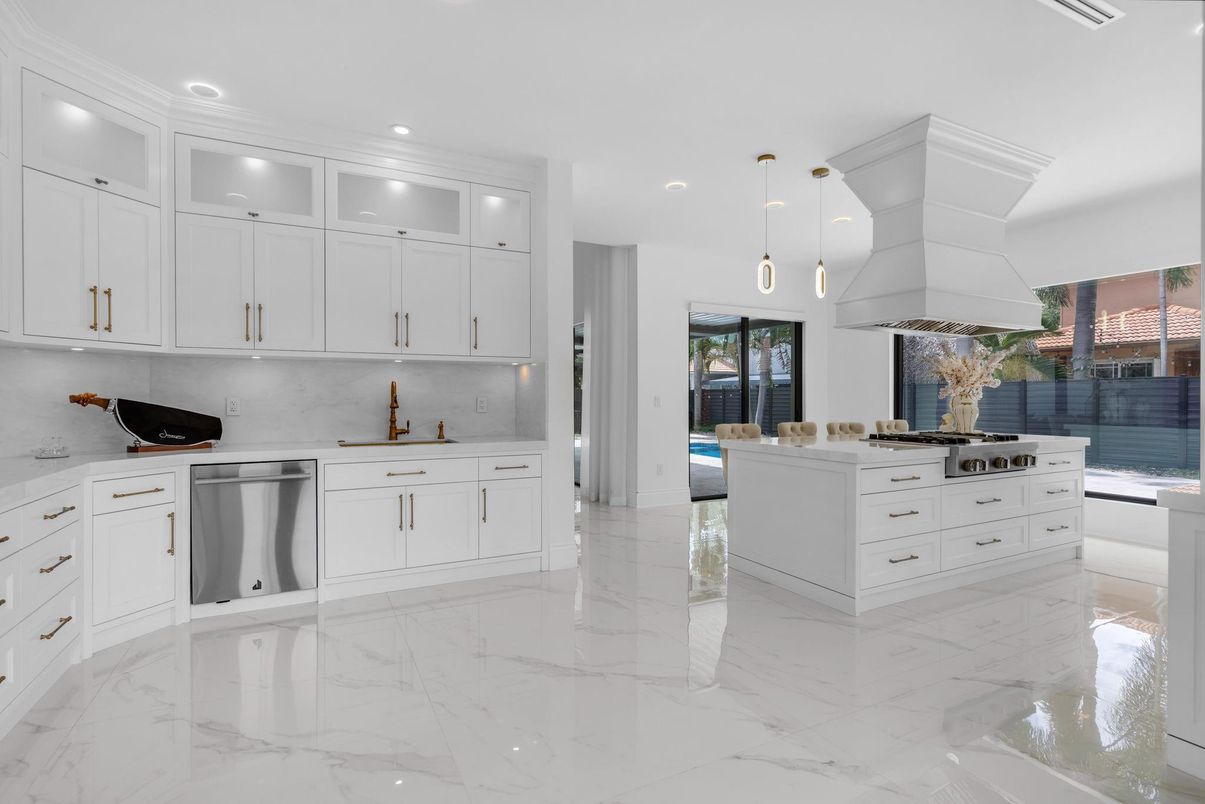 Interior, Kitchen, Marble, Pendant Lights, Recessed Lighting, Stainless Steel Appliances