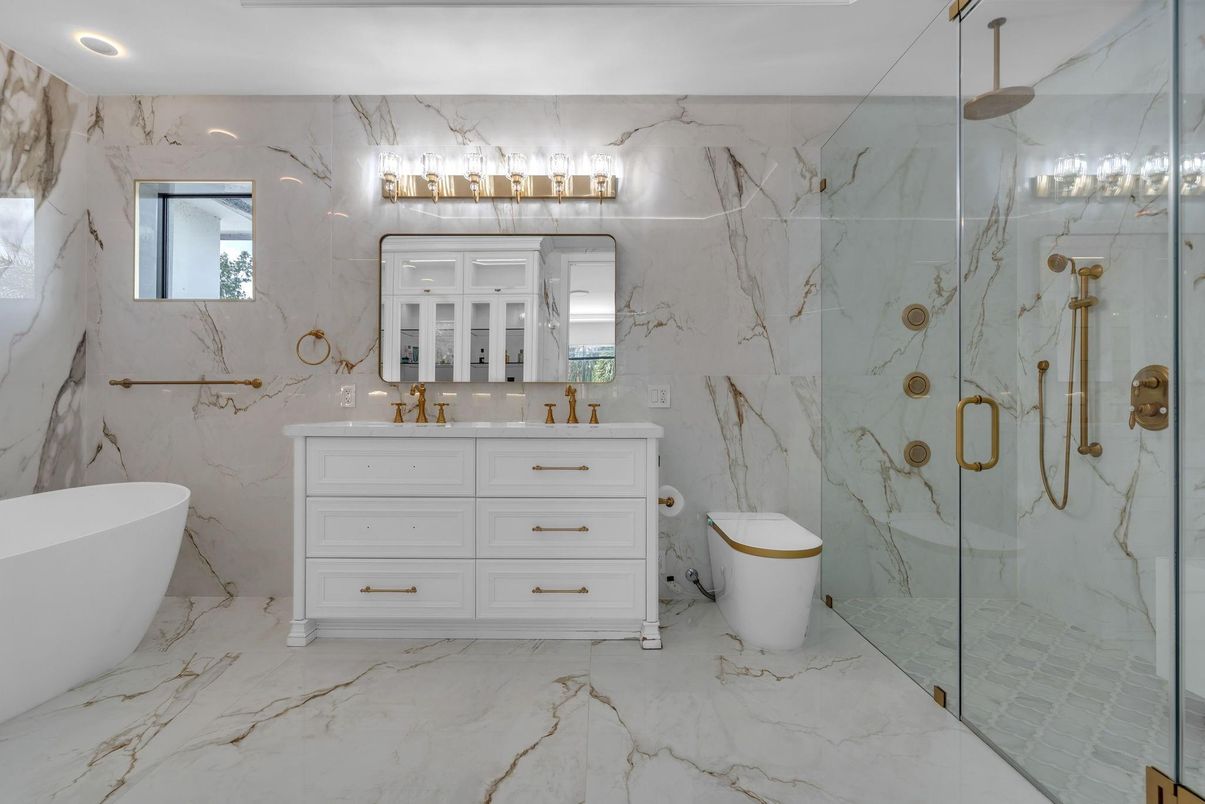 Bathroom, Free Standing Baths, Glass Shower, Interior, Marble, Marble Walls, Recessed Lighting