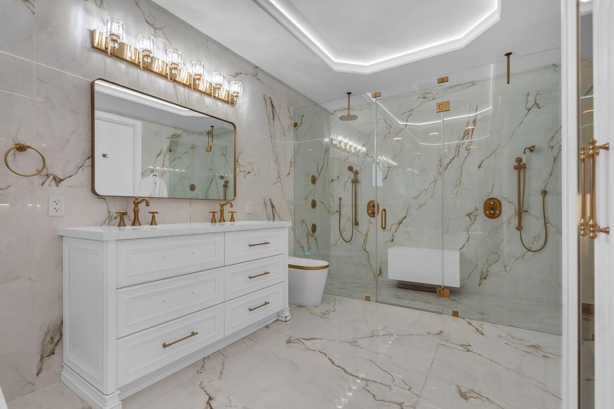 Bathroom, Free Standing Baths, Glass Shower, Interior, Marble, Marble Walls, Recessed Lighting