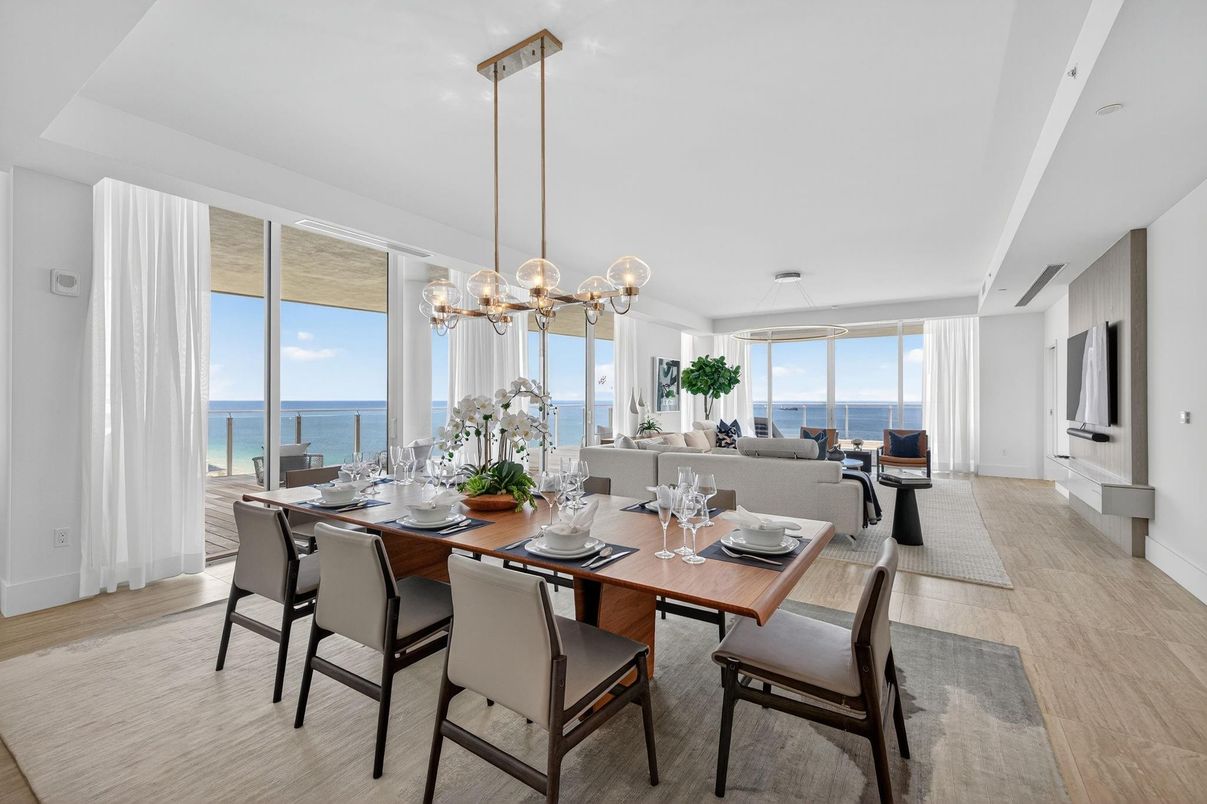 Dining room, Interior, Living room, Pendant Lights, Water, Wood Texture Flooring
