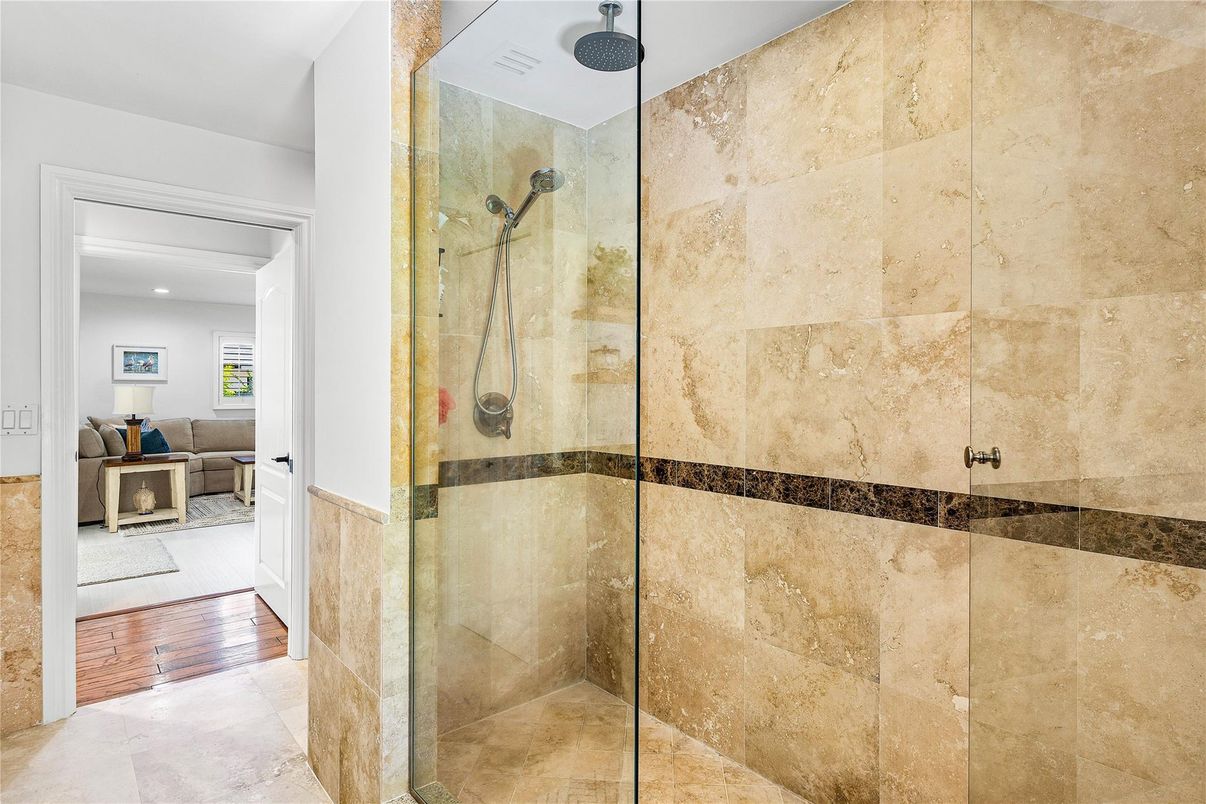 Bathroom, Glass Shower, Interior, Recessed Lighting, Wood Texture Flooring