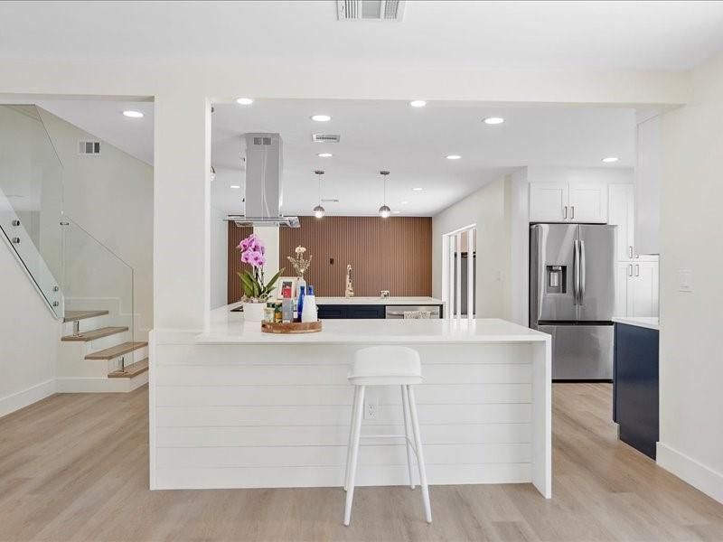 Interior, Kitchen, Pendant Lights, Recessed Lighting, Stainless Steel Appliances, Wood Texture Flooring