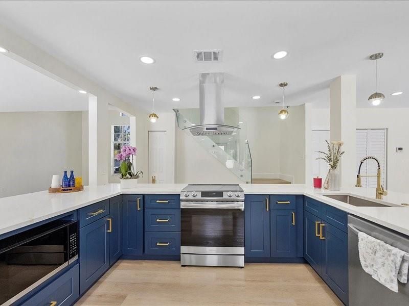 Interior, Kitchen, Pendant Lights, Recessed Lighting, Stainless Steel Appliances, Wood Texture Flooring