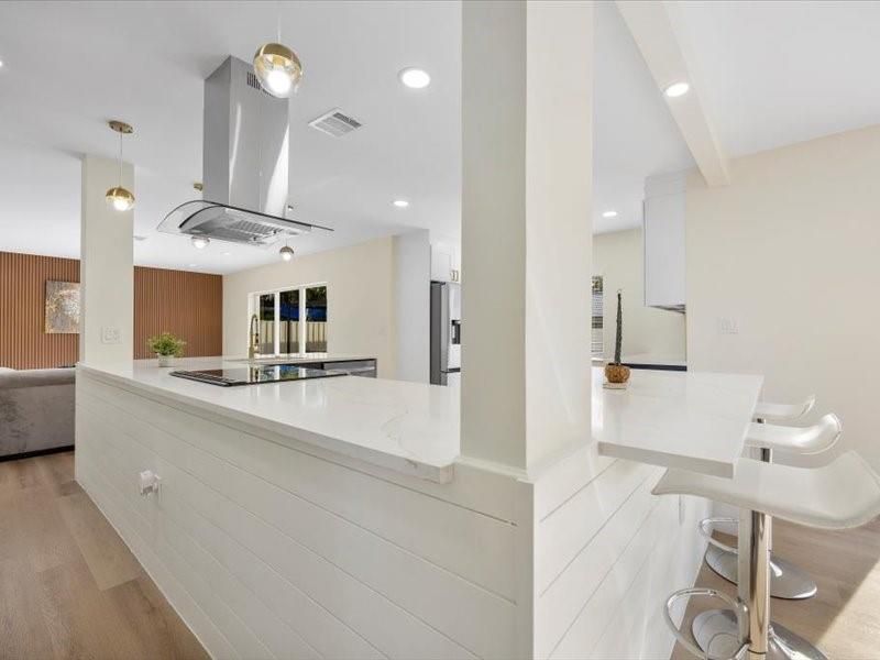 Interior, Kitchen, Pendant Lights, Recessed Lighting, Wood Texture Flooring