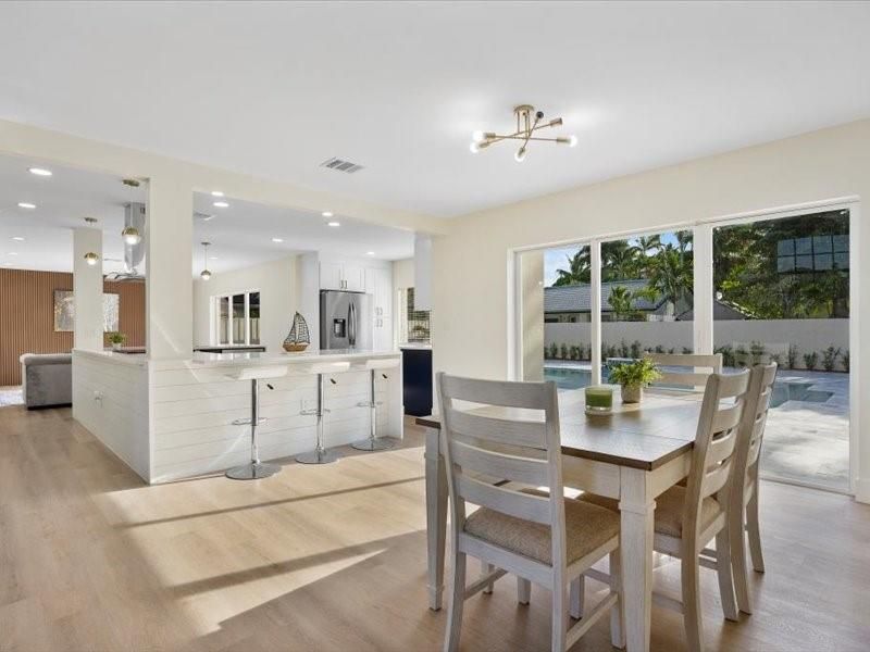 Dining room, Interior, Kitchen, Pendant Lights, Recessed Lighting, Stainless Steel Appliances, Wood Texture Flooring