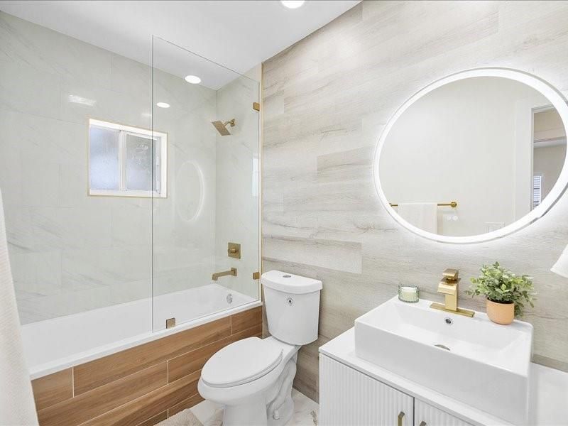 Bathroom, Glass Shower, Interior, Marble Walls, Recessed Lighting, Wood Texture Flooring
