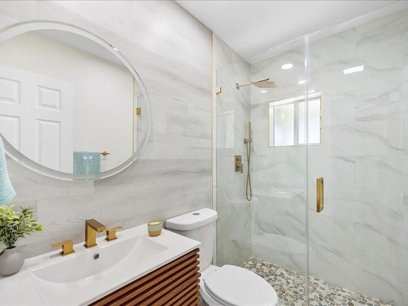 Bathroom, Glass Shower, Interior, Marble Walls, Recessed Lighting