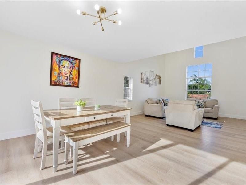 Dining room, Interior, Living room, Pendant Lights, Wood Texture Flooring