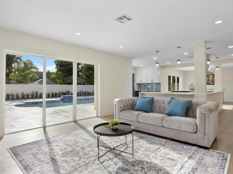 Interior, Kitchen, Living room, Pendant Lights, Recessed Lighting, Wood Texture Flooring
