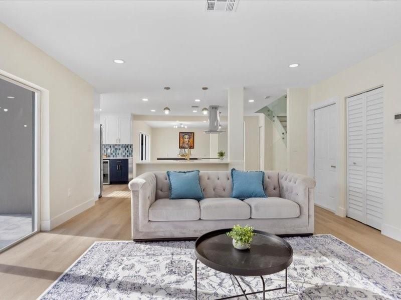 Interior, Kitchen, Living room, Pendant Lights, Recessed Lighting, Wood Texture Flooring