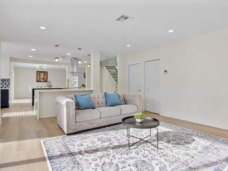 Interior, Kitchen, Living room, Pendant Lights, Recessed Lighting, Wood Texture Flooring