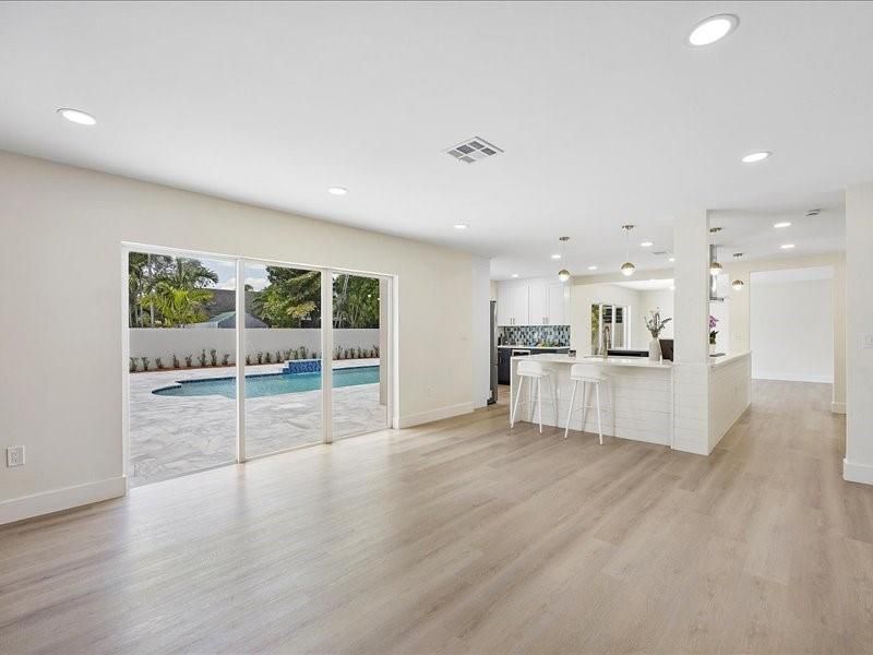 Empty room, Interior, Kitchen, Pendant Lights, Recessed Lighting, Wood Texture Flooring