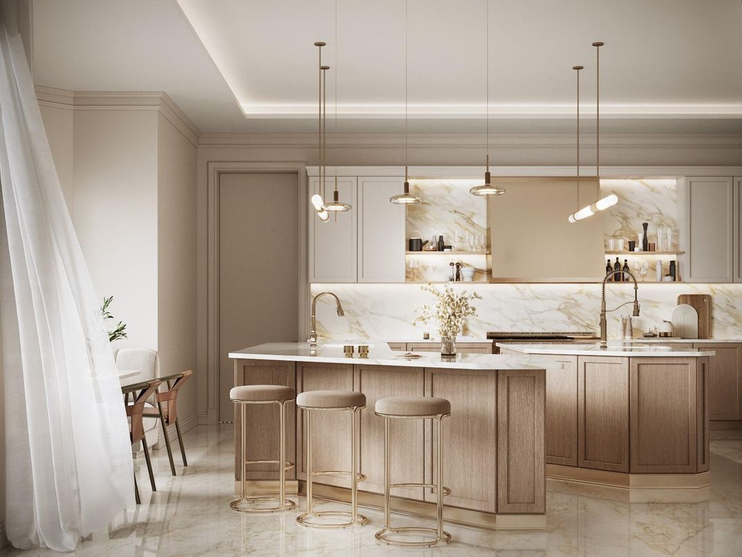Interior, Kitchen, Marble, Marble Walls, Pendant Lights