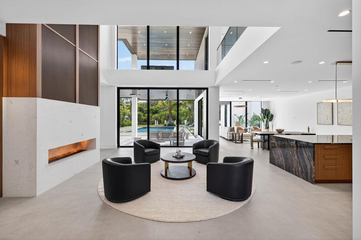 Dining room, Fireplace, Interior, Living room, Pendant Lights, Recessed Lighting, Wooden Ceilings