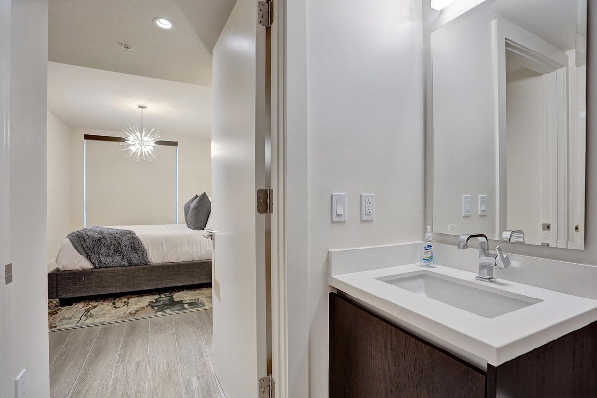 Bathroom, Bedroom, Interior, Pendant Lights, Recessed Lighting, Wood Texture Flooring