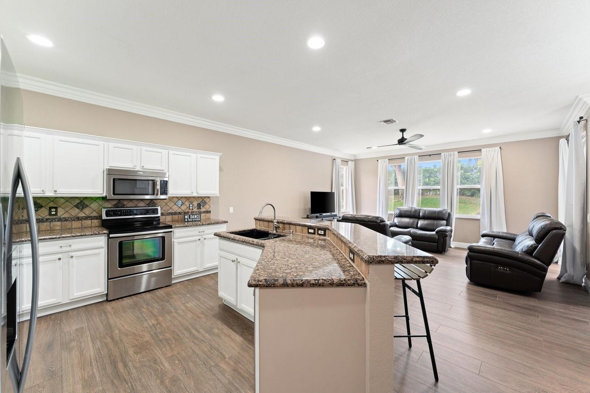 Interior, Kitchen, Living room, Recessed Lighting, Stainless Steel Appliances, Wood Texture Flooring