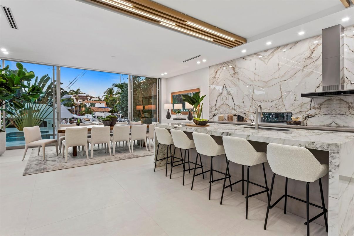 Dining room, Fireplace, Interior, Marble Walls, Recessed Lighting