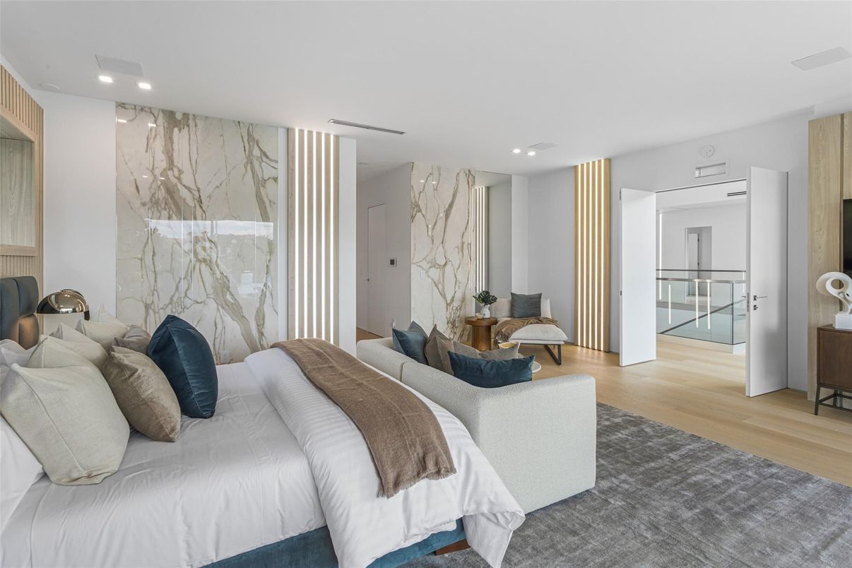 Bedroom, Interior, Marble Walls, Recessed Lighting, Wood Texture Flooring
