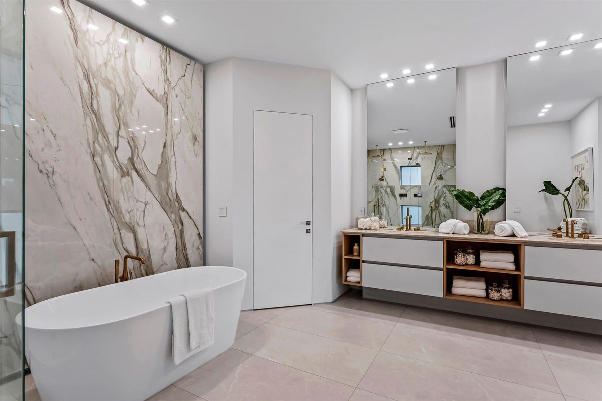 Bathroom, Free Standing Baths, Interior, Marble Walls, Recessed Lighting