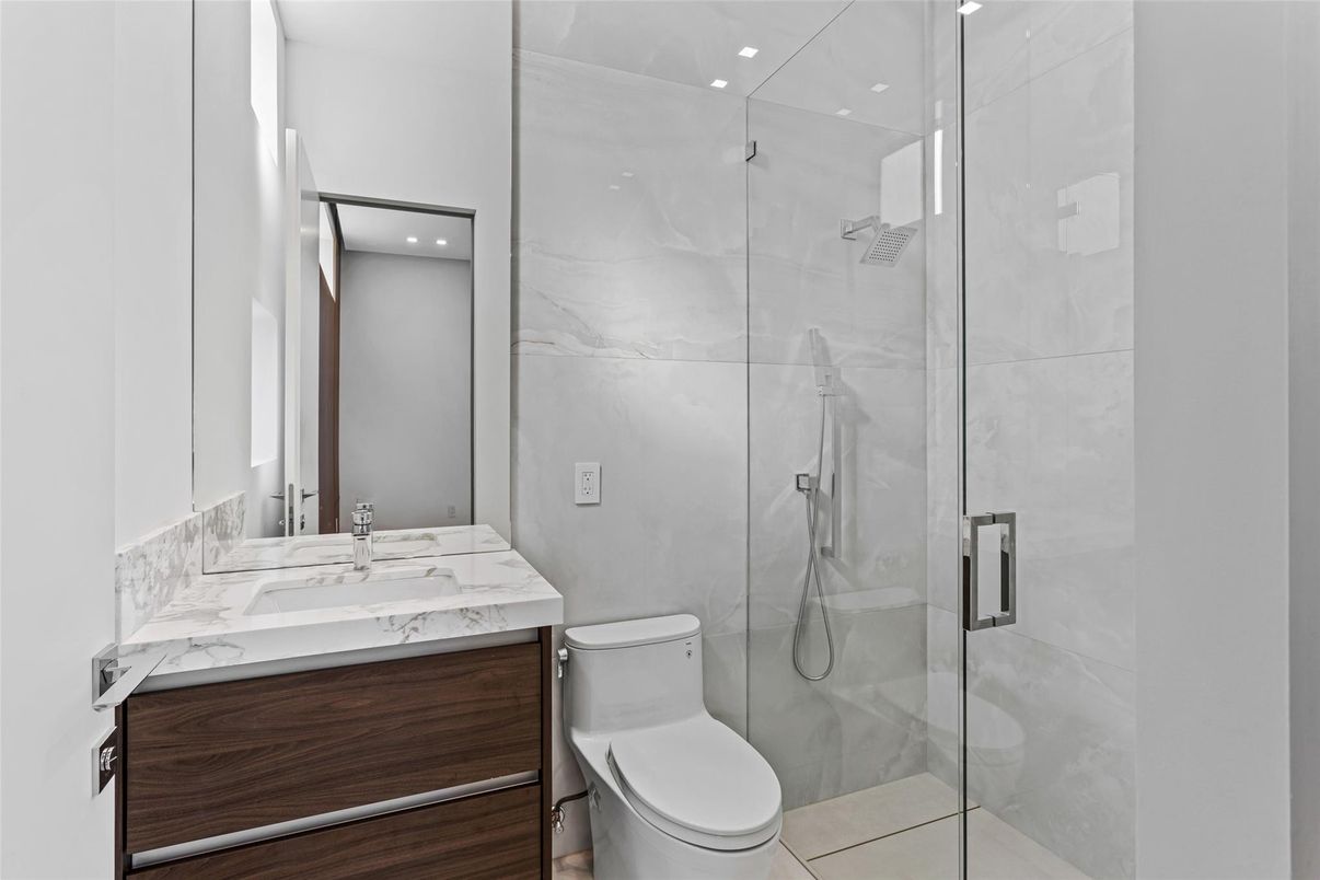 Bathroom, Glass Shower, Interior, Marble Walls, Recessed Lighting