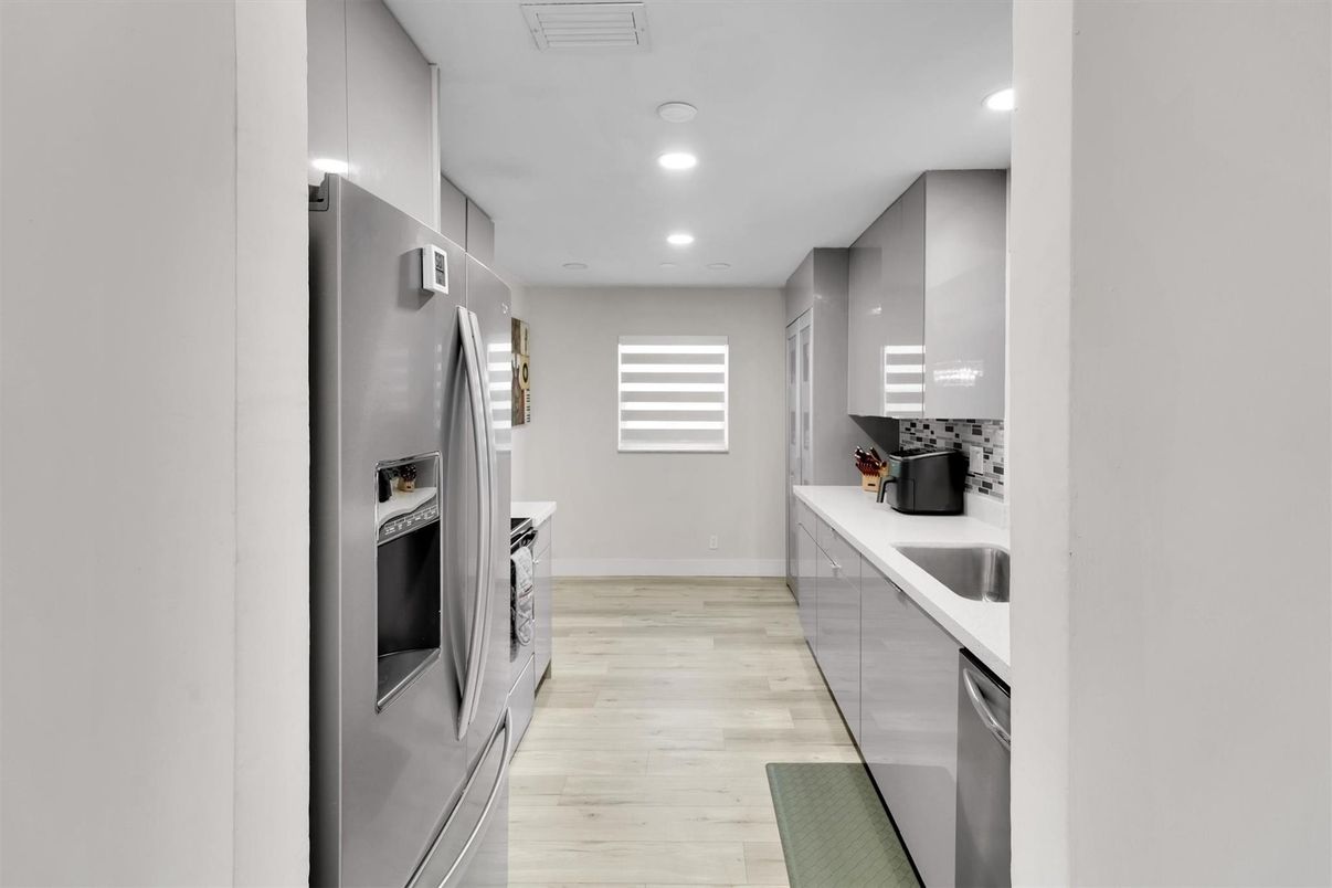 Interior, Kitchen, Recessed Lighting, Stainless Steel Appliances, Wood Texture Flooring