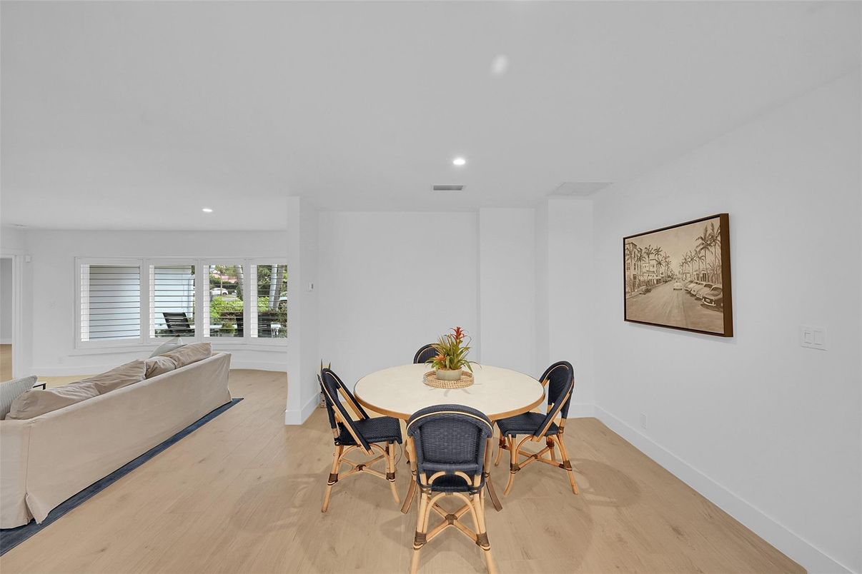 Dining room, Interior, Living room, Recessed Lighting, Wood Texture Flooring