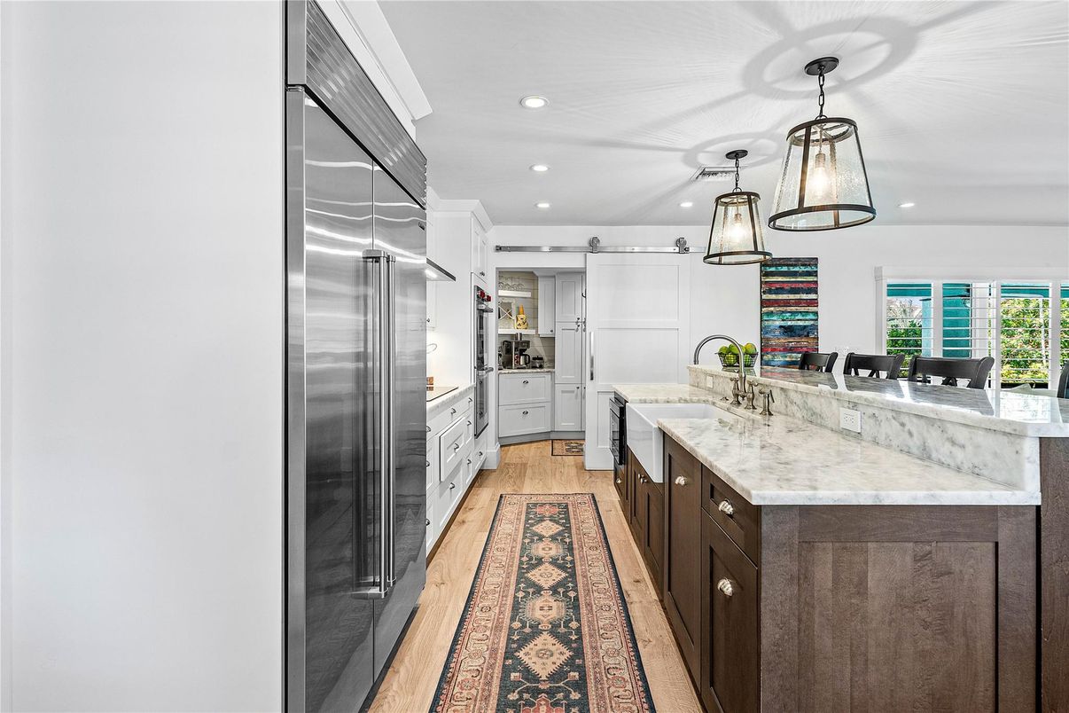 Interior, Kitchen, Pendant Lights, Recessed Lighting, Stainless Steel Appliances, Wood Texture Flooring