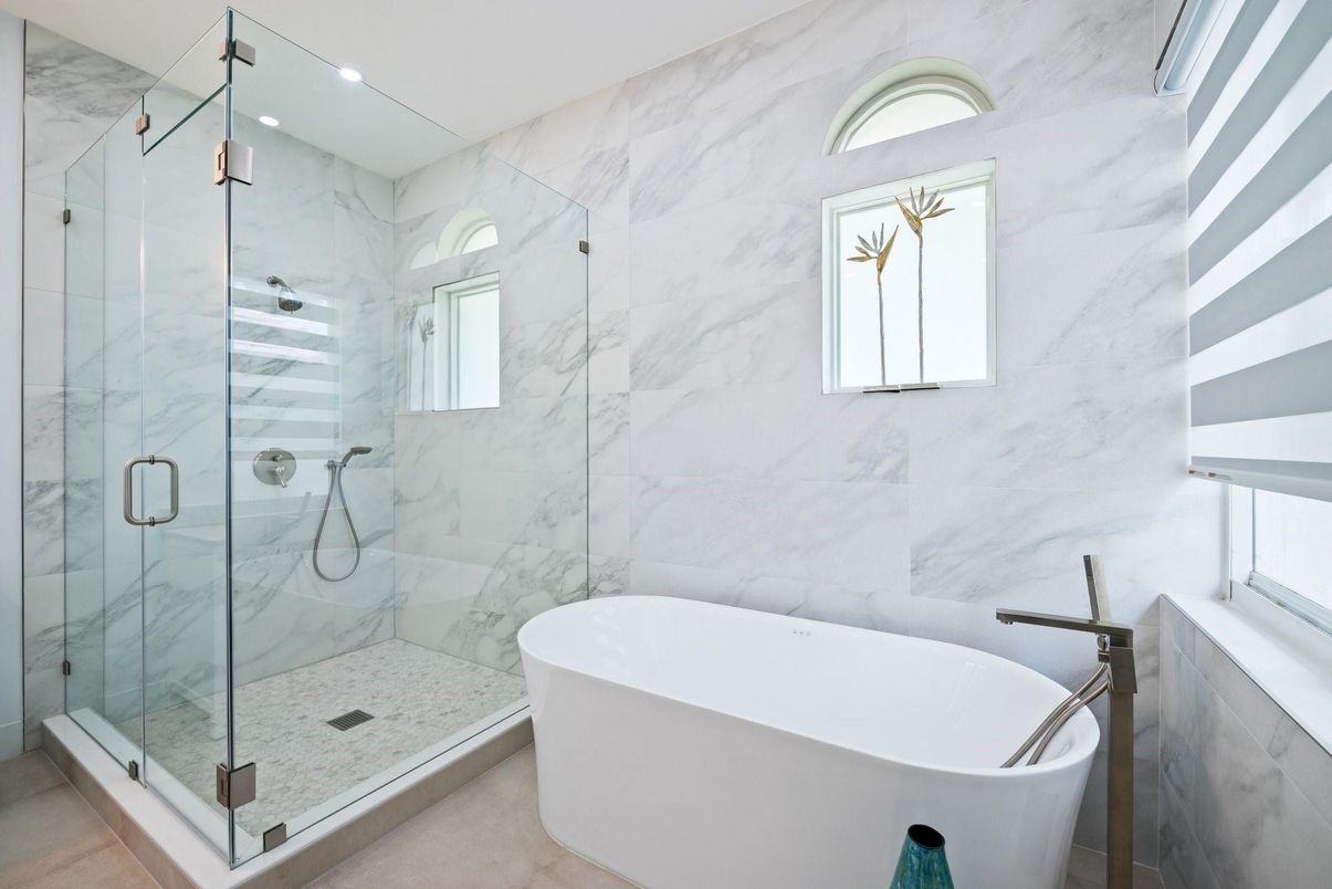 Bathroom, Free Standing Baths, Glass Shower, Interior, Marble Walls, Recessed Lighting