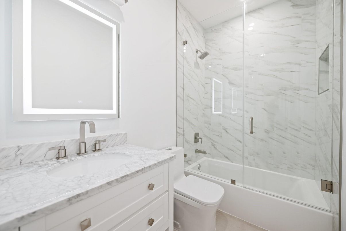 Bathroom, Glass Shower, Interior, Marble Walls, Recessed Lighting