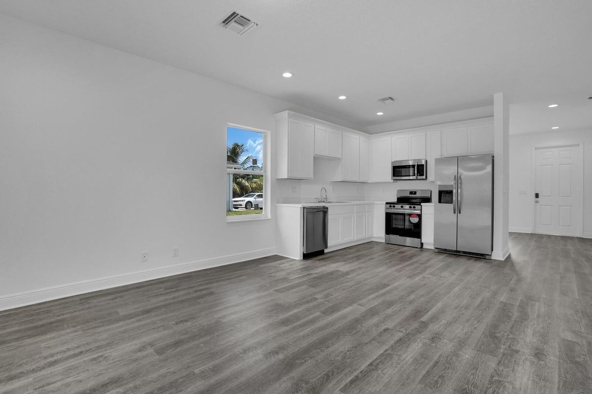 Interior, Kitchen, Recessed Lighting, Stainless Steel Appliances, Wood Texture Flooring