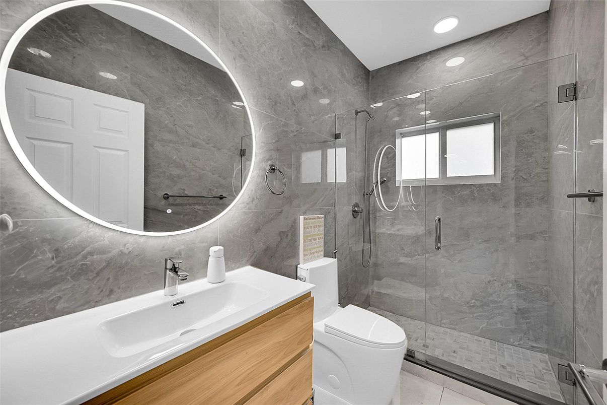Bathroom, Glass Shower, Interior, Marble Walls, Recessed Lighting