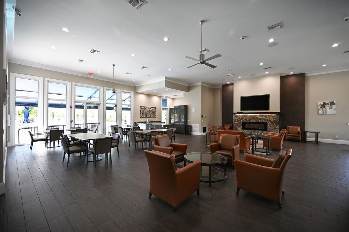 Dining room, Fireplace, Interior, Living room, Pendant Lights, Recessed Lighting, Wood Texture Flooring