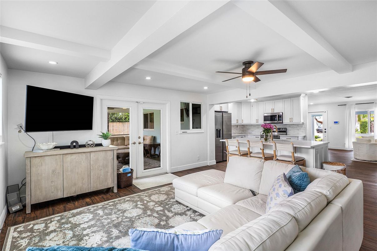 Interior, Kitchen, Living room, Recessed Lighting, Stainless Steel Appliances, Wood Texture Flooring