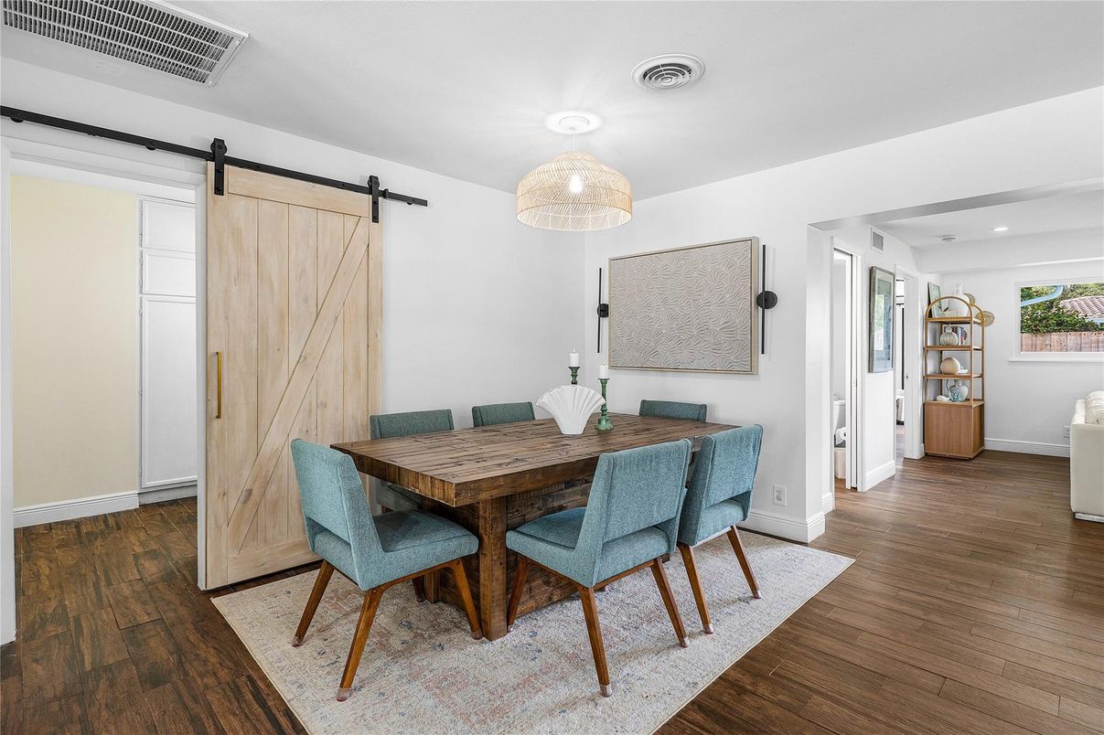 Dining room, Interior, Recessed Lighting, Wood Texture Flooring