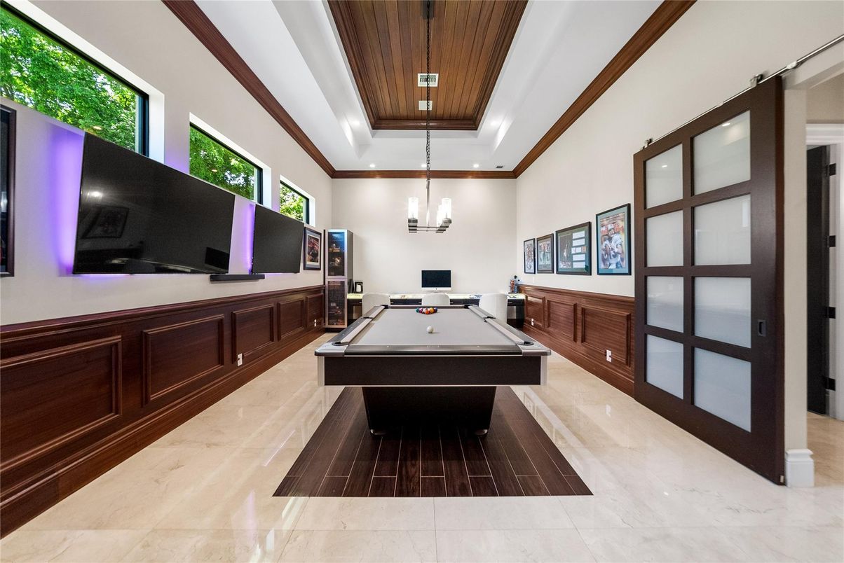 Billiard Table, Chandelier, Game Room, Interior, Pendant Lights, Recessed Lighting, Wooden Ceilings