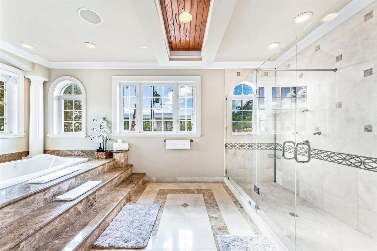 Bathroom, Glass Shower, Interior, Recessed Lighting, Wooden Ceilings