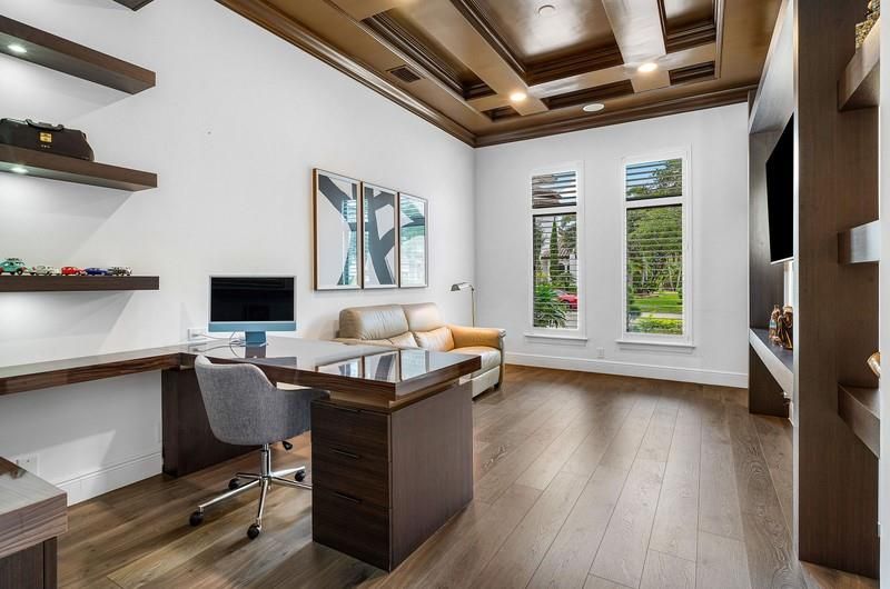 Home Office, Interior, Recessed Lighting, Wooden Beams, Wood Texture Flooring
