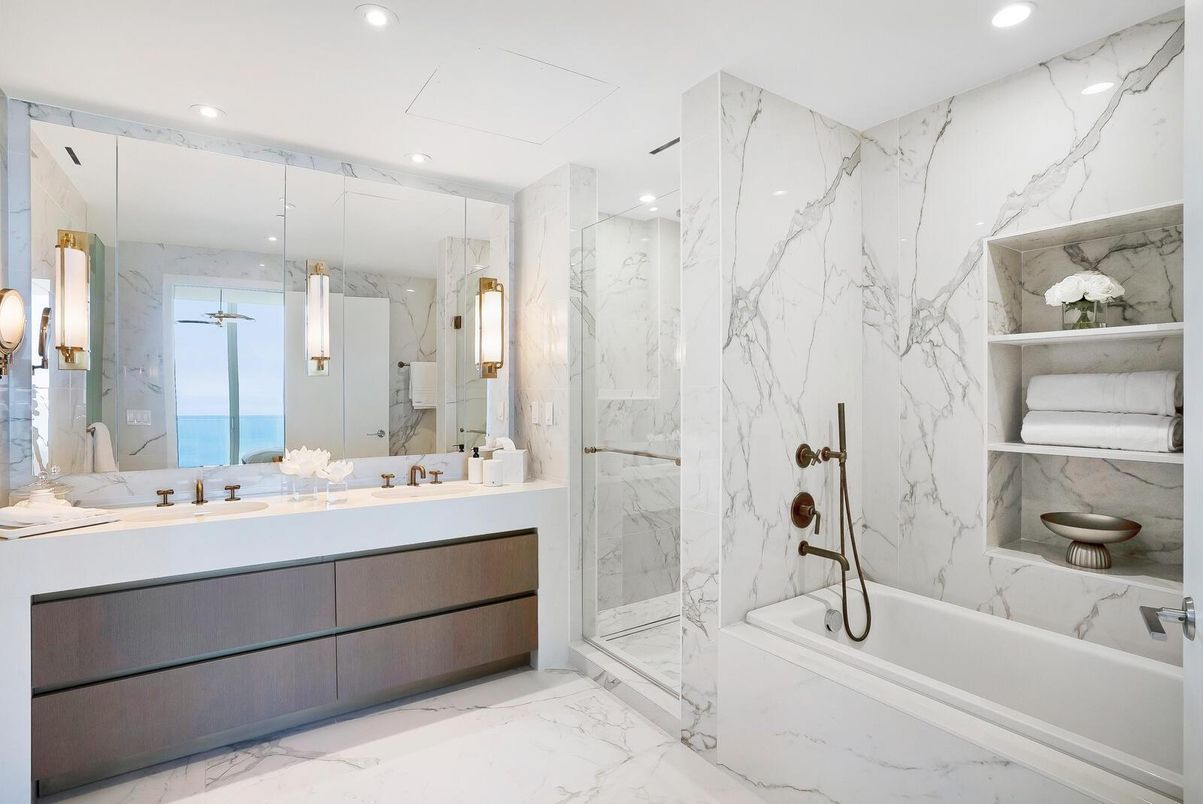 Bathroom, Glass Shower, Interior, Marble, Marble Walls, Recessed Lighting, Water
