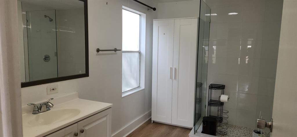 Bathroom, Glass Shower, Interior, Recessed Lighting, Wood Texture Flooring