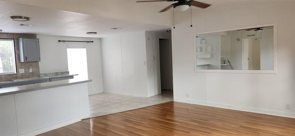 Empty room, Interior, Kitchen, Recessed Lighting, Wood Texture Flooring