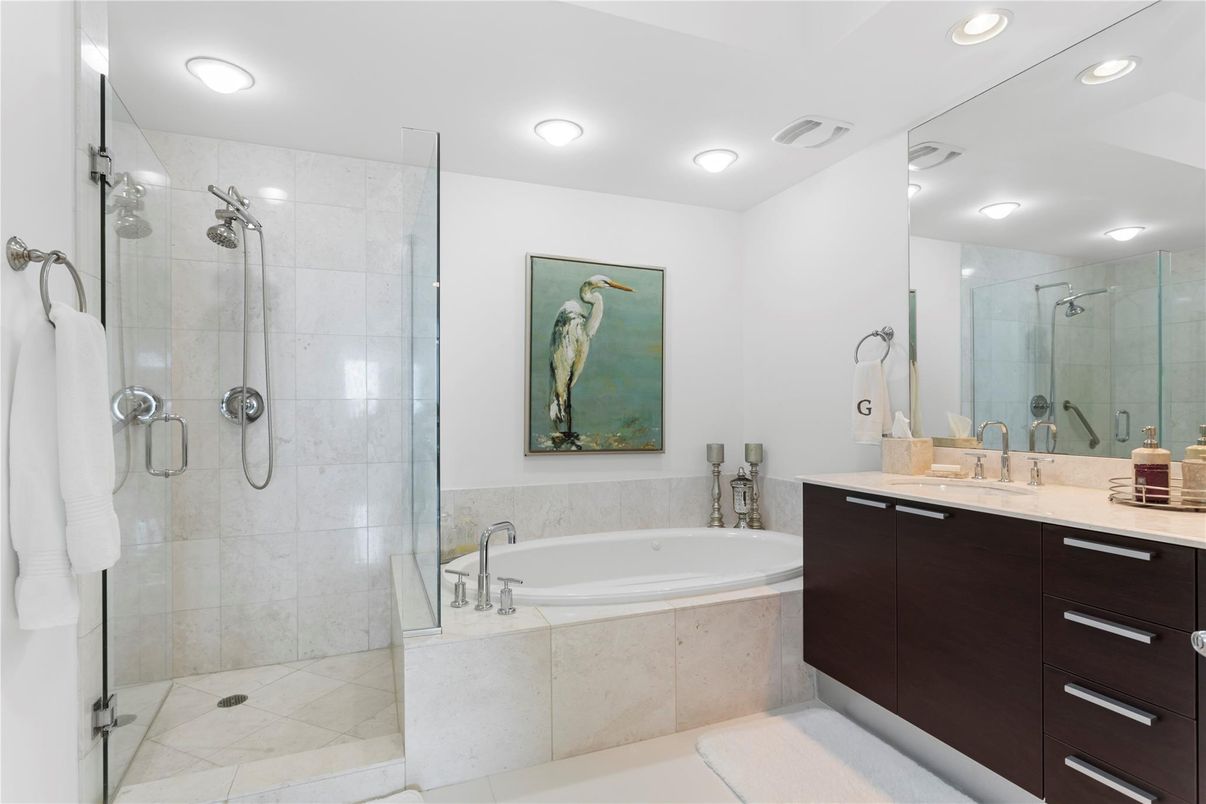 Bathroom, Dual Sink Vanities, Glass Shower, Interior, Recessed Lighting