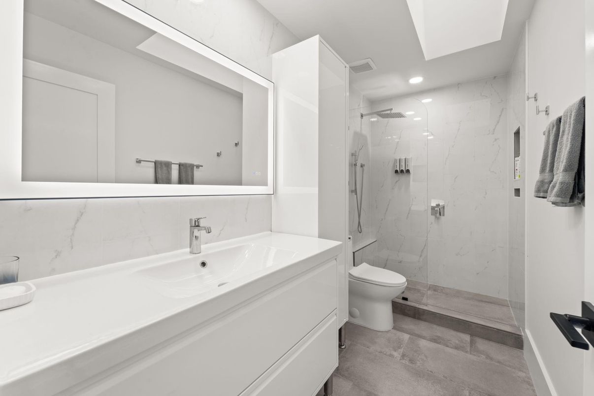 Bathroom, Glass Shower, Interior, Marble Walls, Recessed Lighting