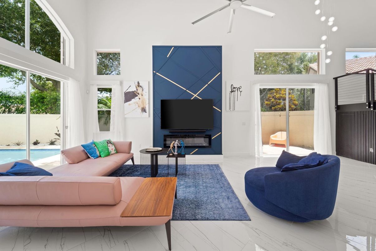 Fireplace, Interior, Living room, Marble, Pendant Lights