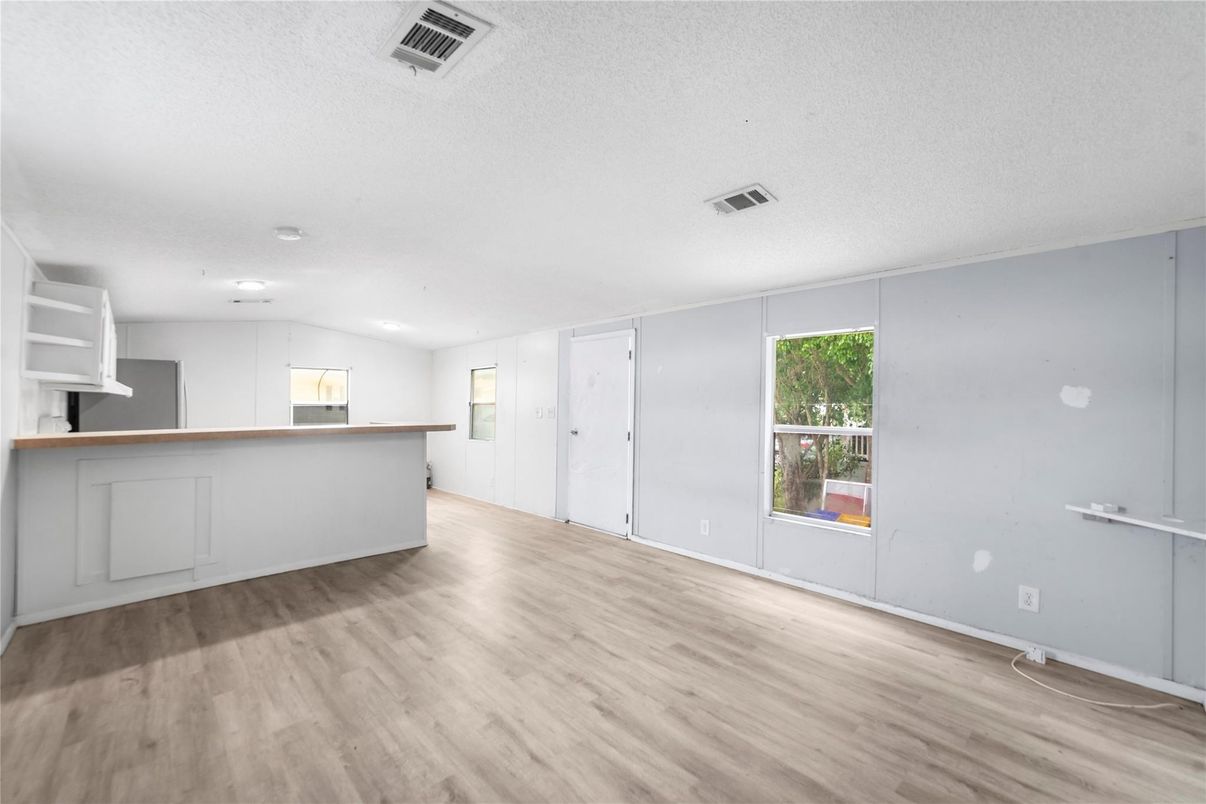 Empty room, Interior, Kitchen, Recessed Lighting, Wood Texture Flooring