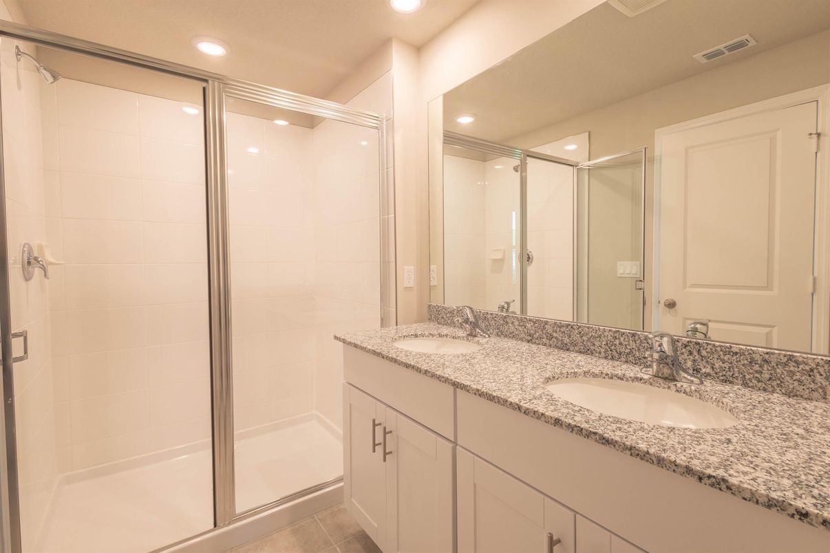 Bathroom, Dual Sink Vanities, Glass Shower, Interior, Recessed Lighting