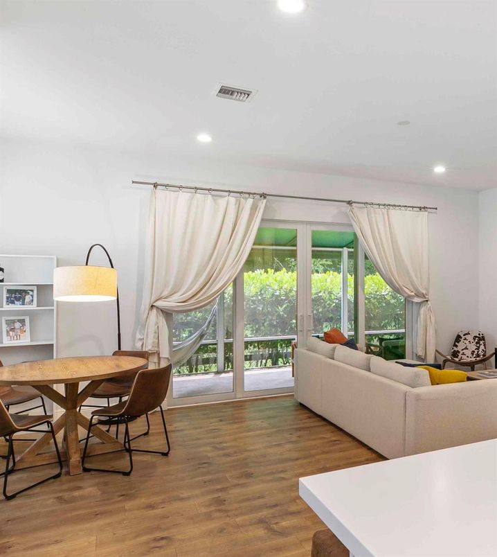 Dining room, Interior, Living room, Recessed Lighting, Wood Texture Flooring