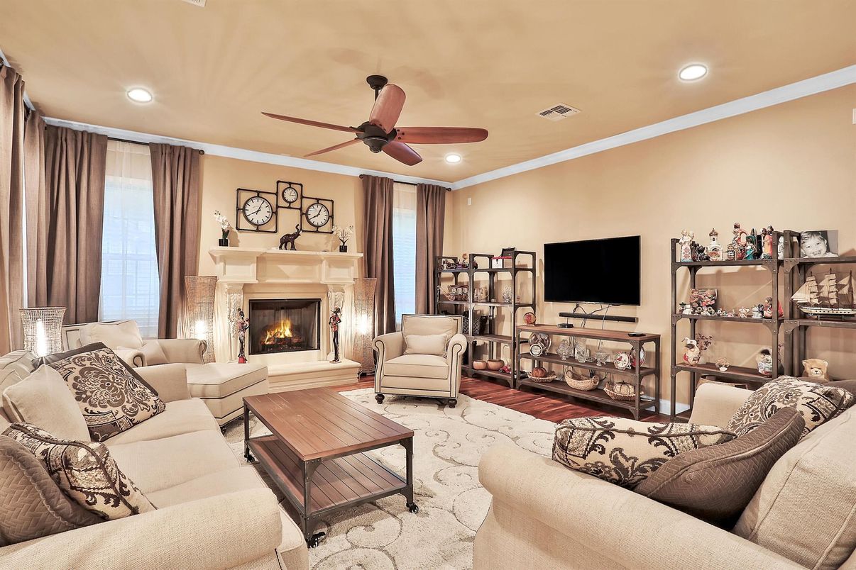 Fireplace, Interior, Living room, Recessed Lighting, Wood Texture Flooring